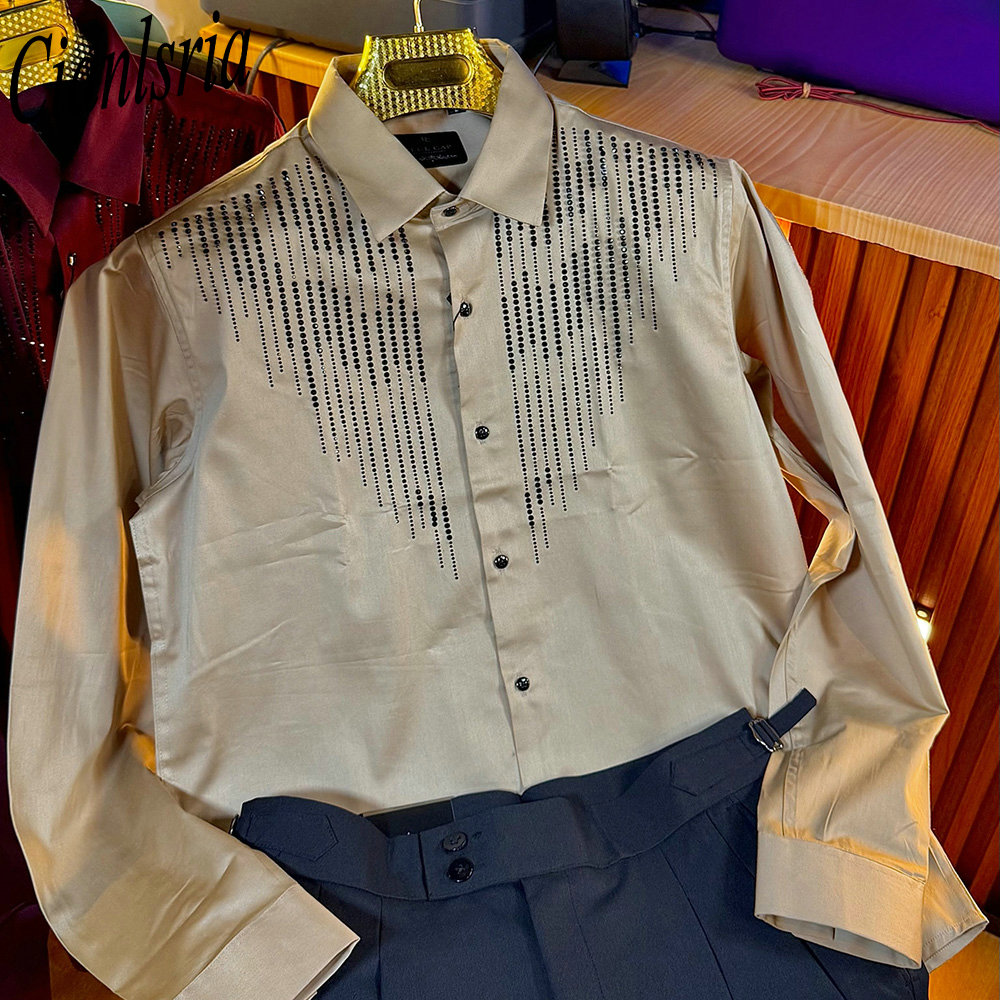 Men Formal Party Wear Shirt - Luxe herenoverhemd met verticale strass steentjes,