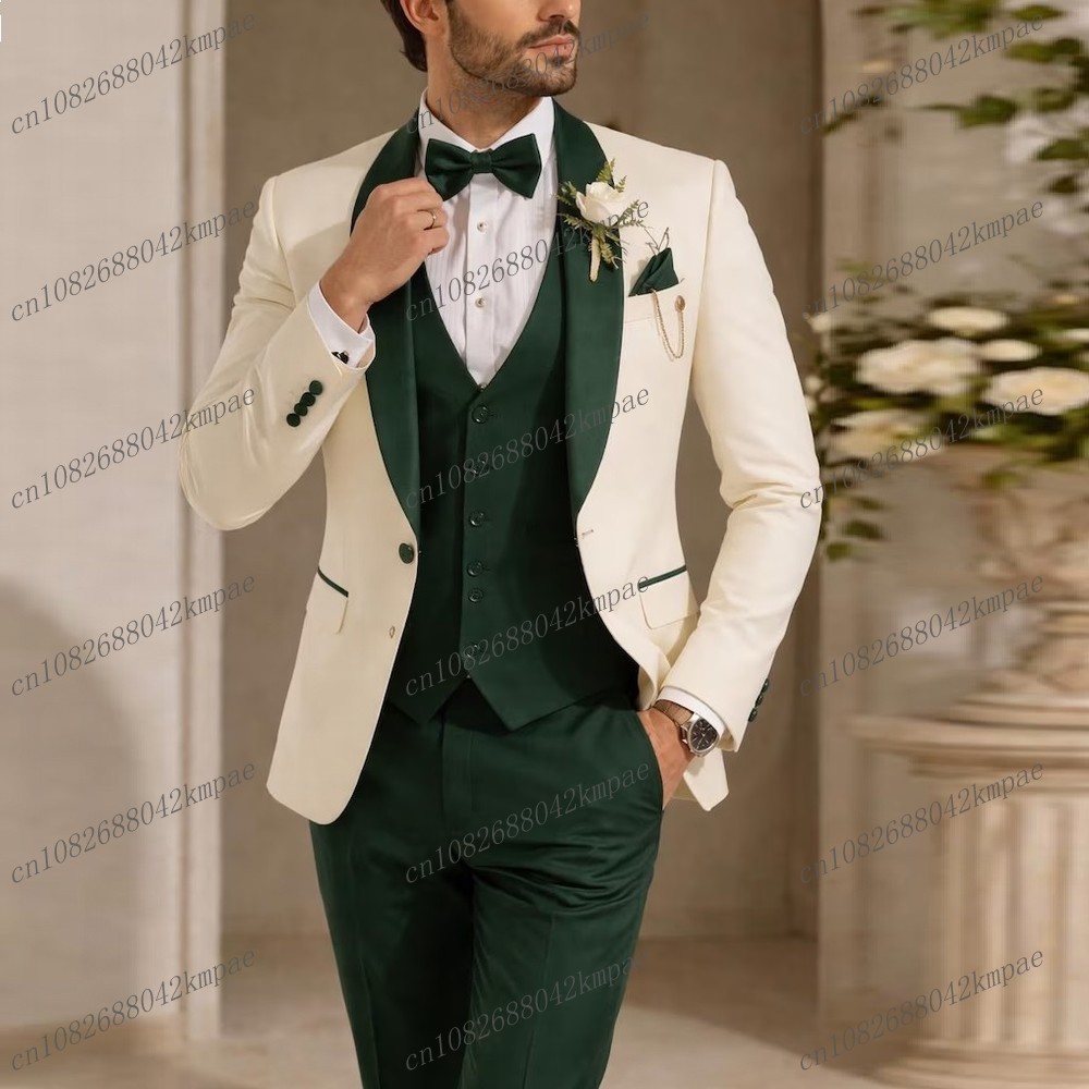 Men Formal Wear Wedding - Nieuw ivoor en donkergroen formeel herenpak
