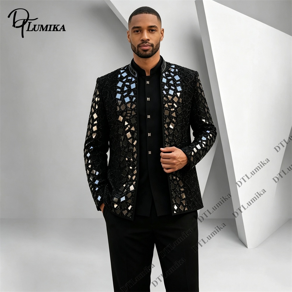 Men Formal Wear Office - Heren zwart pak met mandarijnkraag, spiegelmozaïek,
